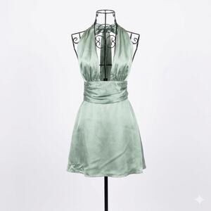 Lucy in the Sky Sage Green Satin Halter Mini Dress - Size S